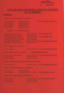 List of NGOs and Media Contact Number in Cambodia.