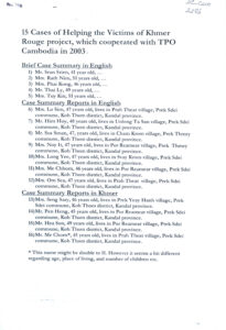 15 Cases of Helping the Victims of Khmer Rouge project, which cooperated with TPO Cambodia in 2003.